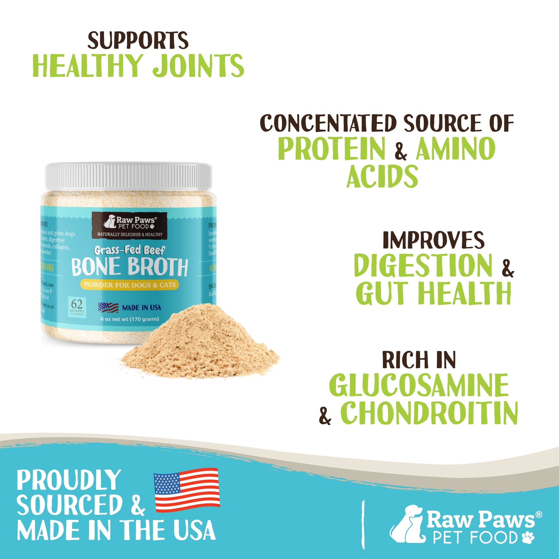 Raw Paws Beef Bone Broth Powder for Dogs & Cats (6-oz) High Protein Grass-Fed Beef Bone Broth Food Topper for Picky Eaters - USA Made Bone Broth for Cats & Dogs Supports Joint and Gut Health