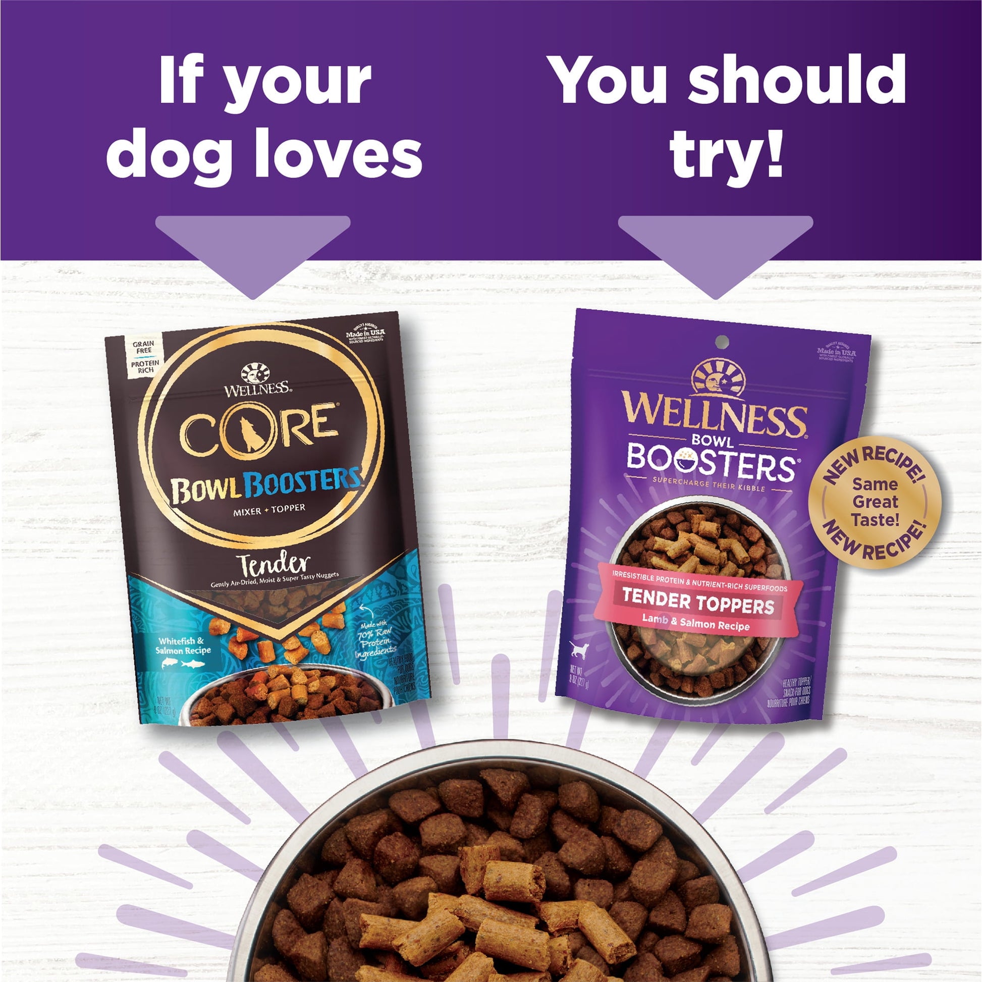 Wellness Bowl Boosters Tender Toppers, Healthy Grain Free Dog Food Topper, Lamb & Salmon Recipe, 8 Ounce Bag