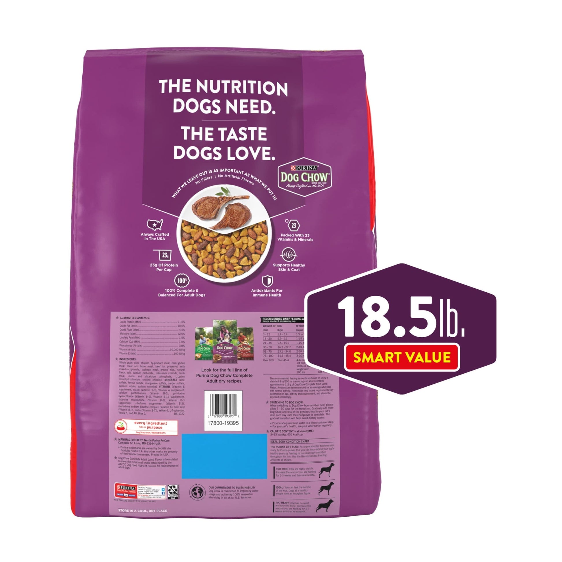 Purina Dog Chow Complete Adult Dry Dog Food Kibble with Lamb Flavor (Pack of 18)