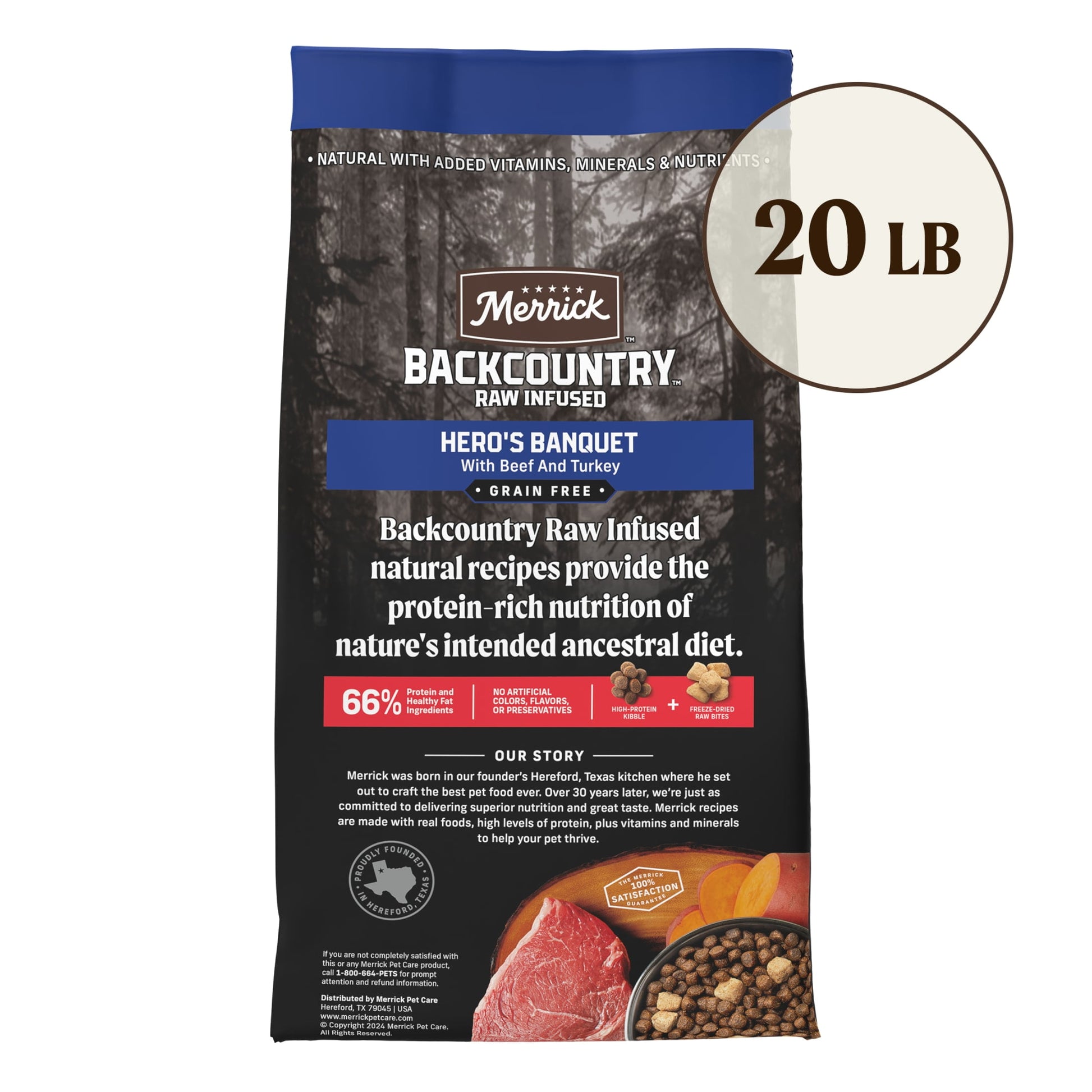 Merrick Backcountry Grain Free Dry Adult Dog Food, Kibble With Freeze Dried Raw Pieces, Hero’s Banquet Recipe, 20.0 lb. Bag