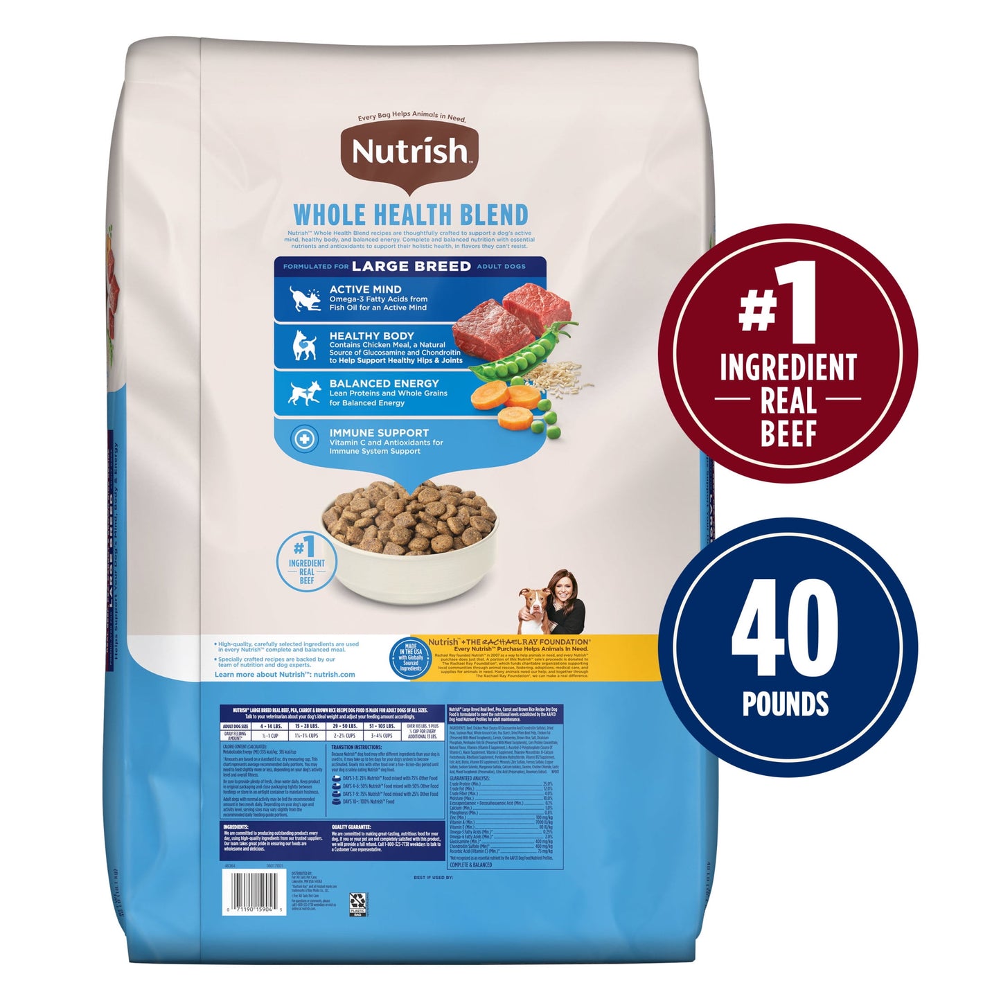 Nutrish Large Breed Real Beef, Pea, Carrot & Brown Rice Recipe Whole Health Blend Dry Dog Food, 40 lb. Bag (Rachael Ray)
