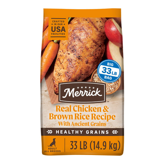Merrick Healthy Grains Premium Adult Dry Dog Food, Wholesome And Natural Kibble With Chicken And Brown Rice, 33.0 lb. Bag