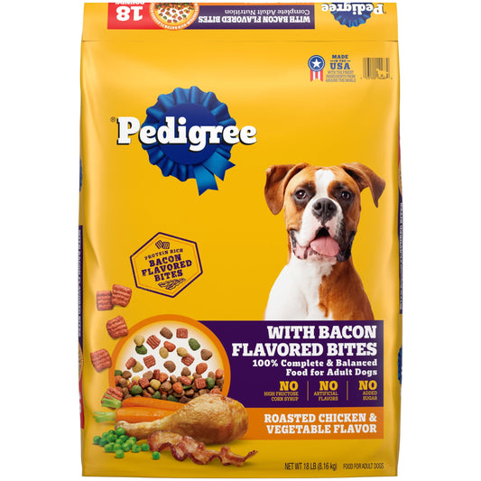 Pedigree Adult Dry Dog Food, Roasted Chicken And Vegetable Flavor With Bacon Flavored Bites, 18 Lb Bag