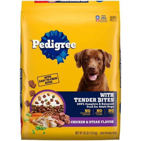 Pedigree With Tender Bites Complete Nutrition Adult Dry Dog Food Chicken & Steak Flavor Dog Kibble, 30 Lb Bag
