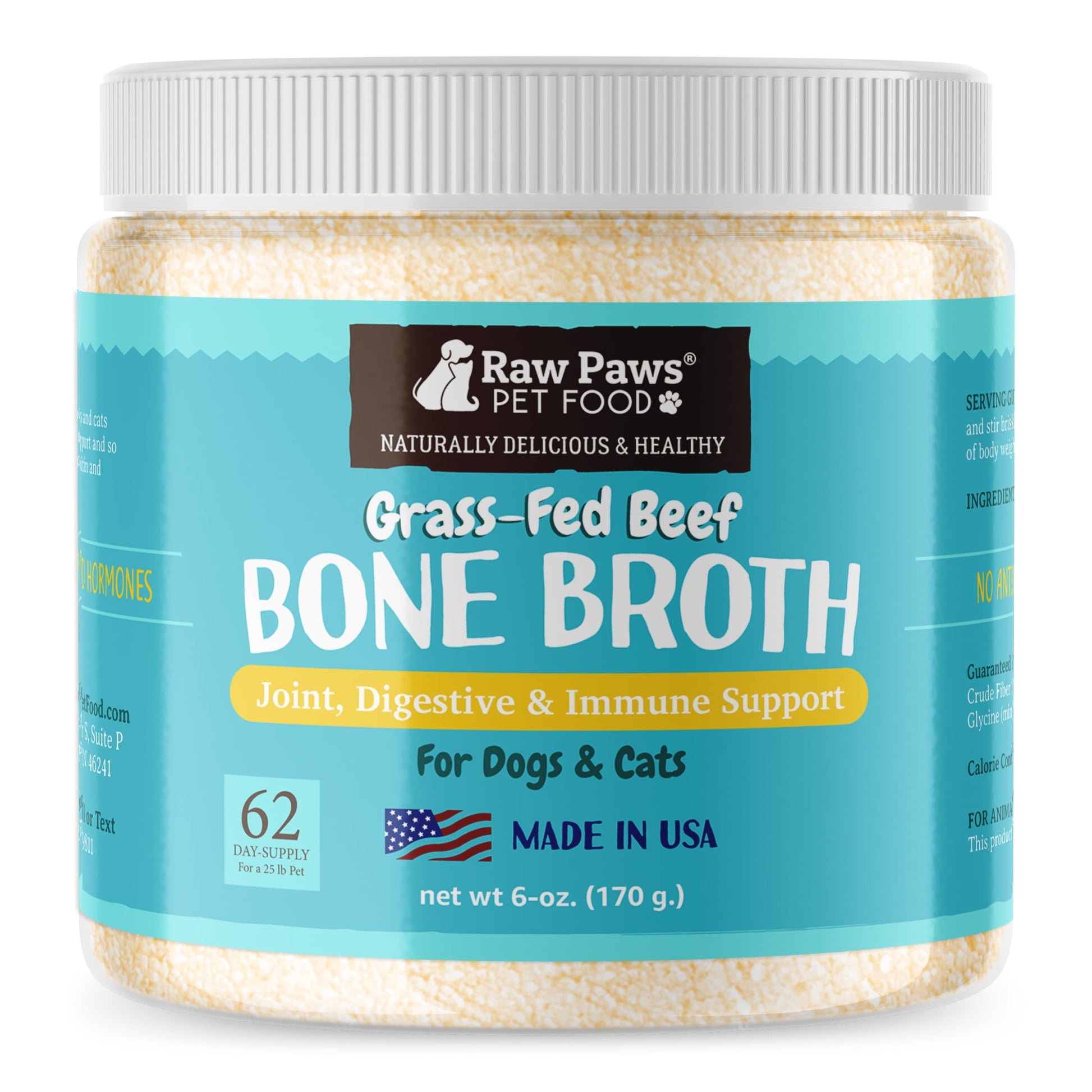 Raw Paws Beef Bone Broth Powder for Dogs & Cats (6-oz) High Protein Grass-Fed Beef Bone Broth Food Topper for Picky Eaters - USA Made Bone Broth for Cats & Dogs Supports Joint and Gut Health
