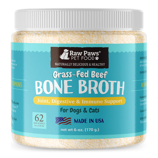 Raw Paws Beef Bone Broth Powder for Dogs & Cats (6-oz) High Protein Grass-Fed Beef Bone Broth Food Topper for Picky Eaters - USA Made Bone Broth for Cats & Dogs Supports Joint and Gut Health