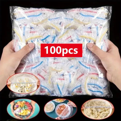 100 Pcs Elastic Food Covers, Disposable Plastic Bowl Lids for Fruit &