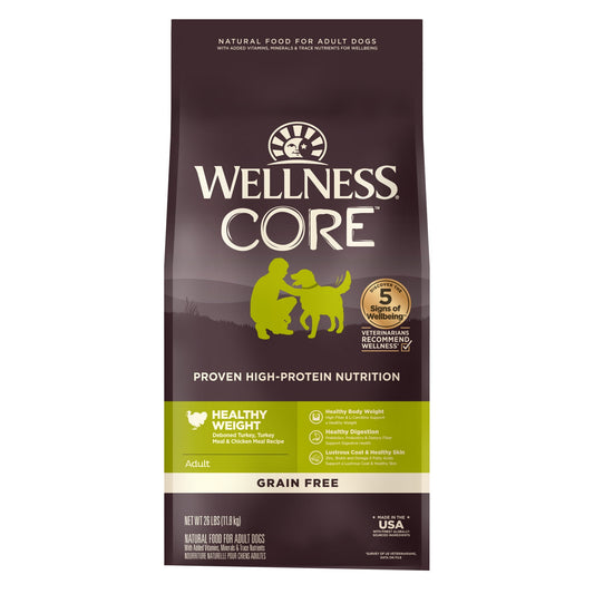 Wellness CORE Dry Dog Food, Grain Free, High Protein, Natural, Healthy Weight Turkey & Chicken Recipe, (26-Pound Bag)