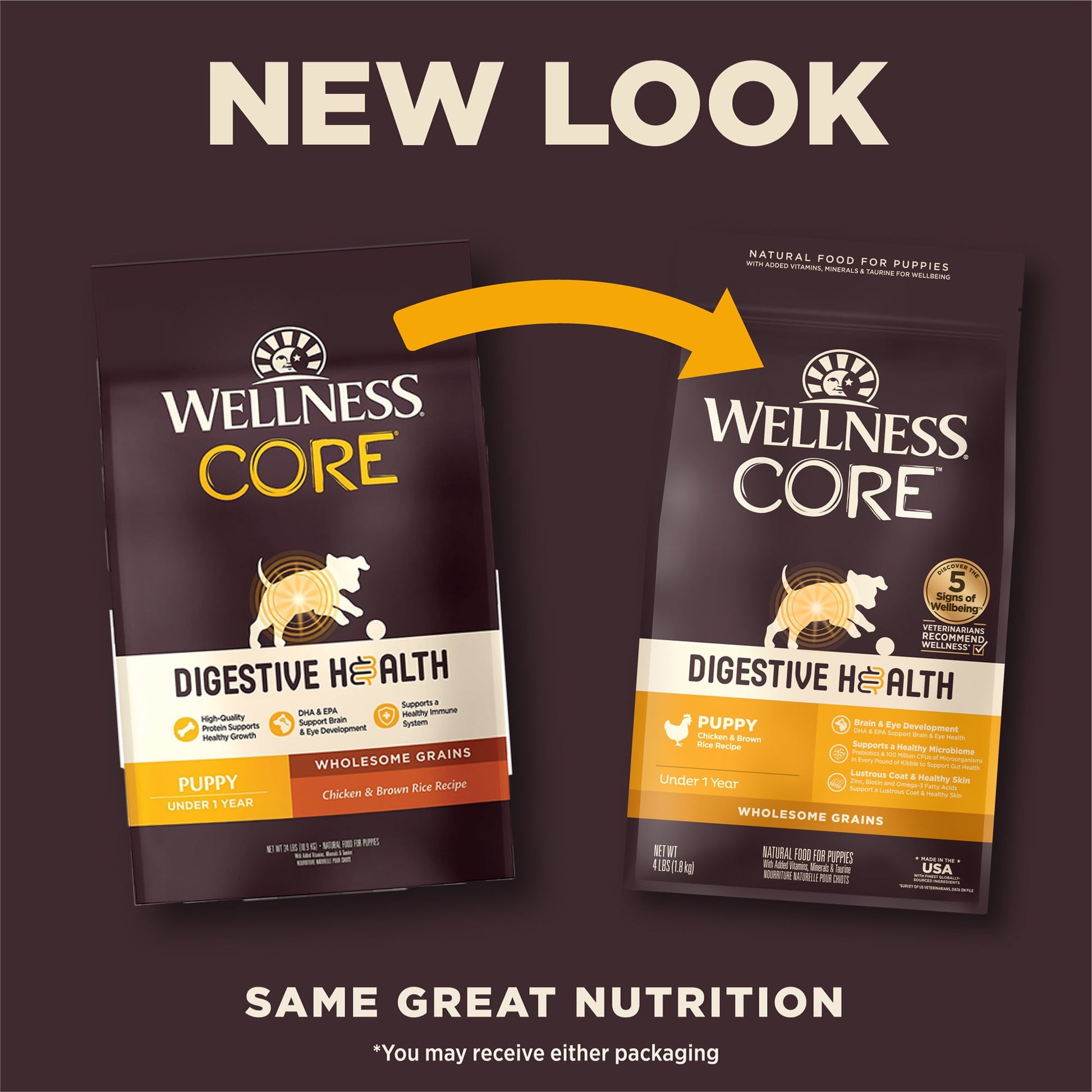 Wellness CORE Digestive Health Puppy Dry Dog Food, Wholesome Grains, Natural, High Quality Ingredients for Dogs with Sensitive Stomachs, Chicken Recipe, (4-Pound Bag)