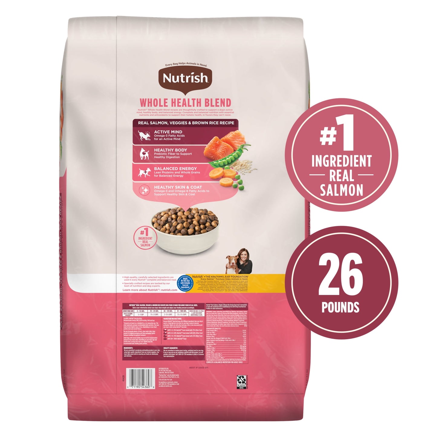 Nutrish Real Salmon, Veggies & Brown Rice Recipe Whole Health Blend Dry Dog Food, 26 lb. Bag (Rachael Ray)
